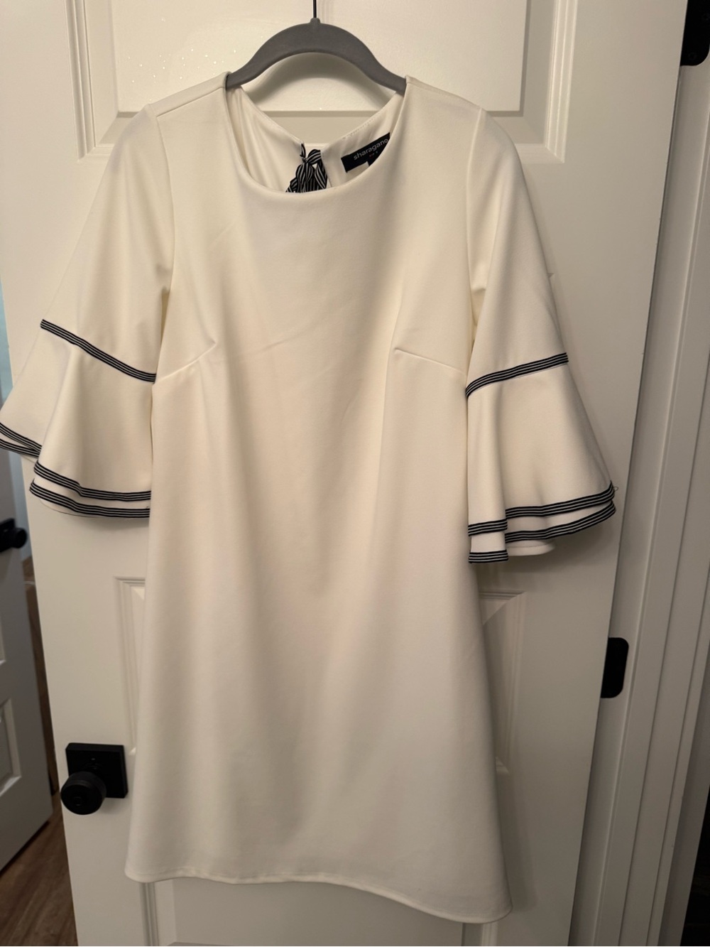Sharagano Cream Mini Dress with Black-Trim Ruffle Sleeves
